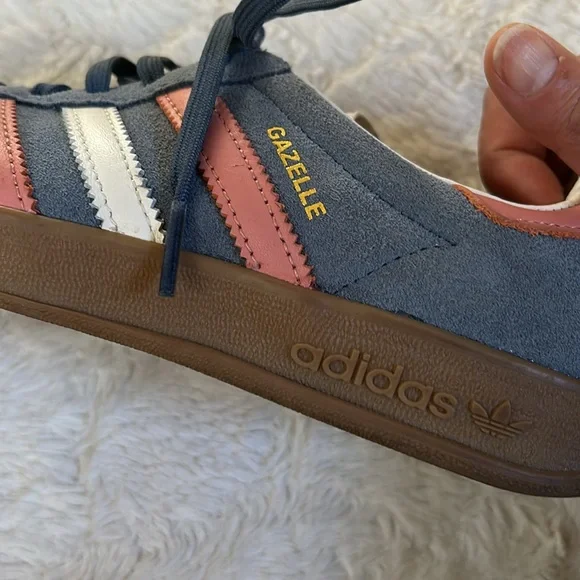 Adidas Gazelle Suede Blue w/Pink & White Stripes Sneakers - Picture 9 of 16